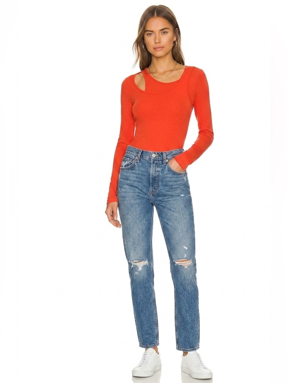 MONROW Revolve $108 NWT Asymmetric Cutout Long Sleeve Top XS P2P 15-17” Poppy